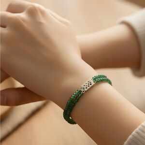 Faceted Emerald Beads Double Strand Bracelet with Sterling Silver Box Clasp
